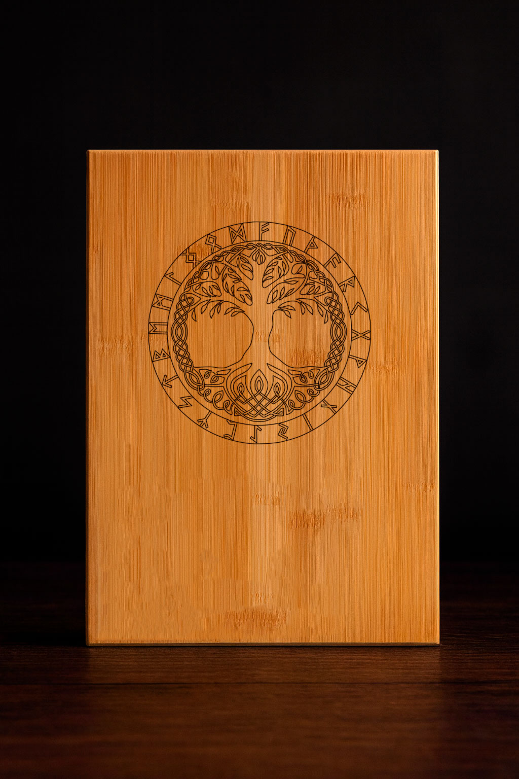 Personalized Bamboo Serving Board – Engraved Yggdrasil Tree of Life with Viking Runes — sustainable personalized gift by Laplu